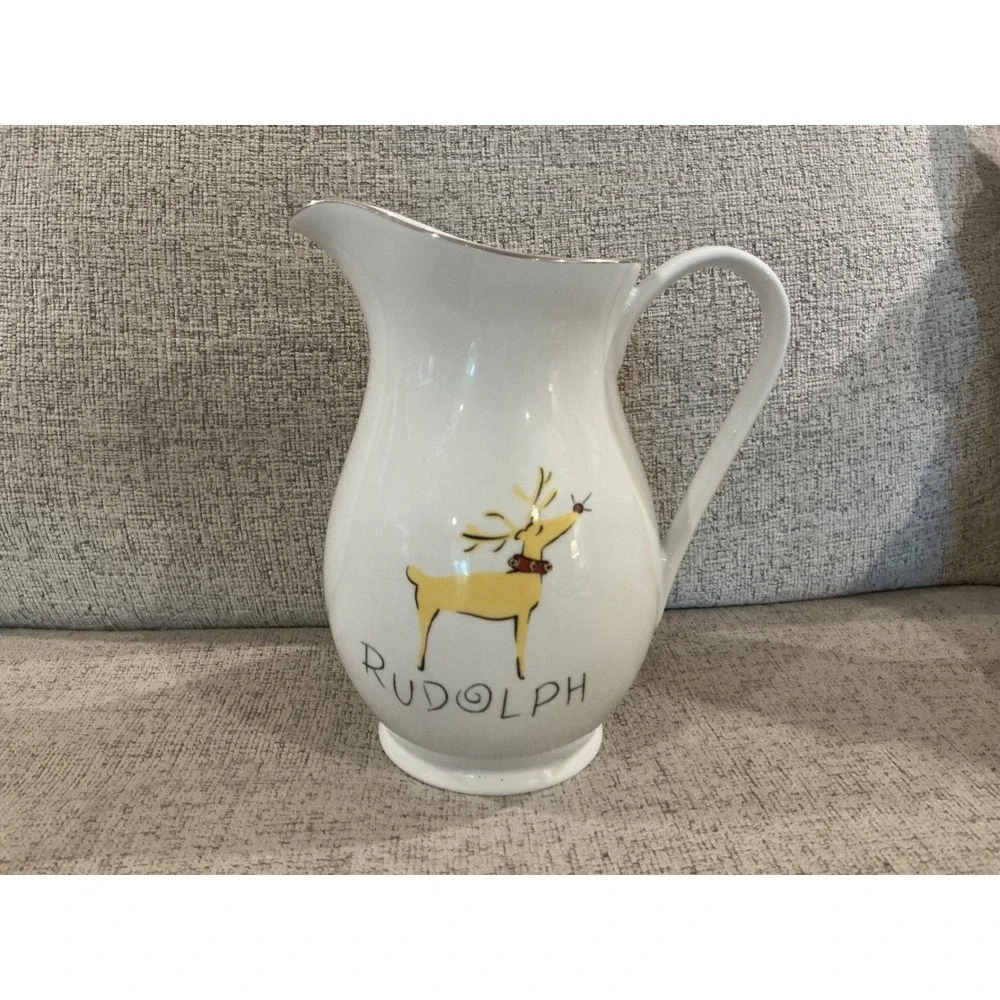 Pottery Barn Reindeer Rudolph Ceramic Christmas Pitcher White Silver Rim 9